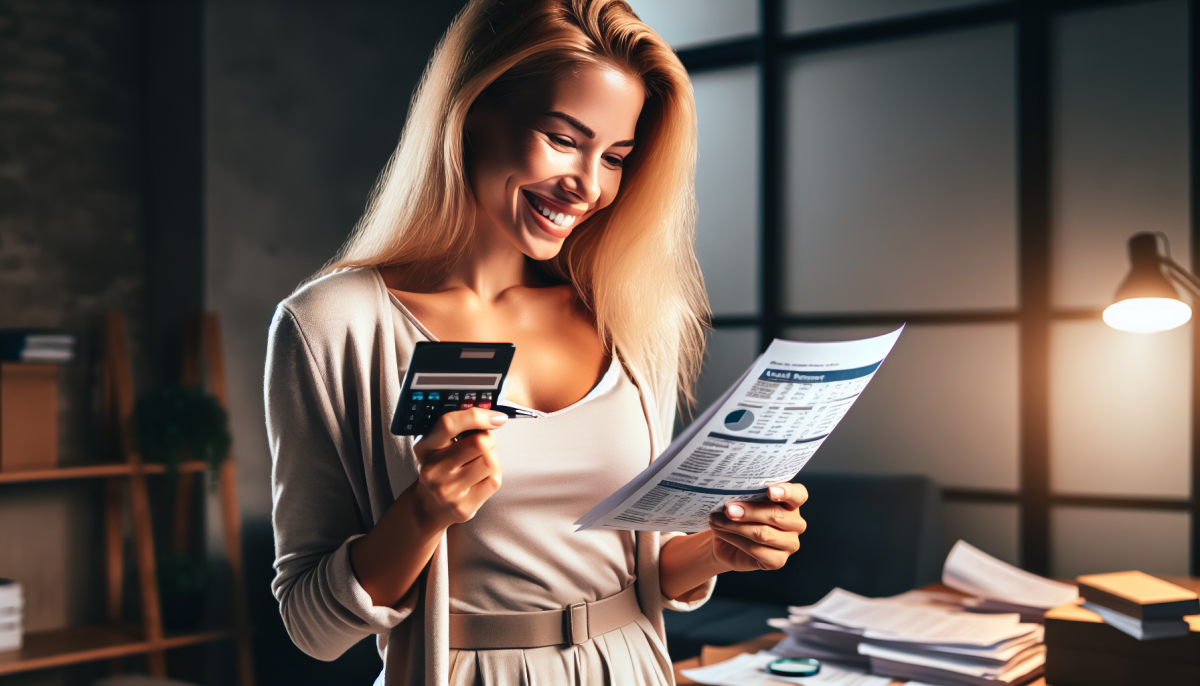 happy Blonde woman looking at a credit report