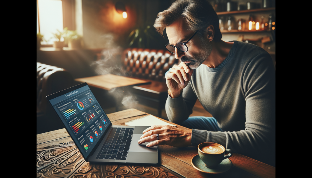 American man reviewing credit card products on his laptop