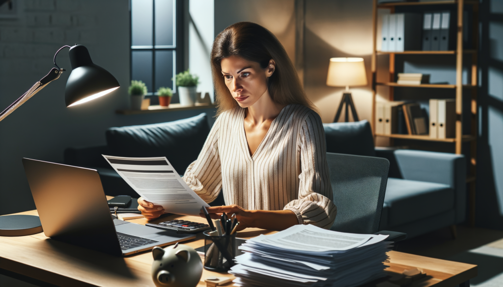 American women sitting at her home office reviewing her credit report