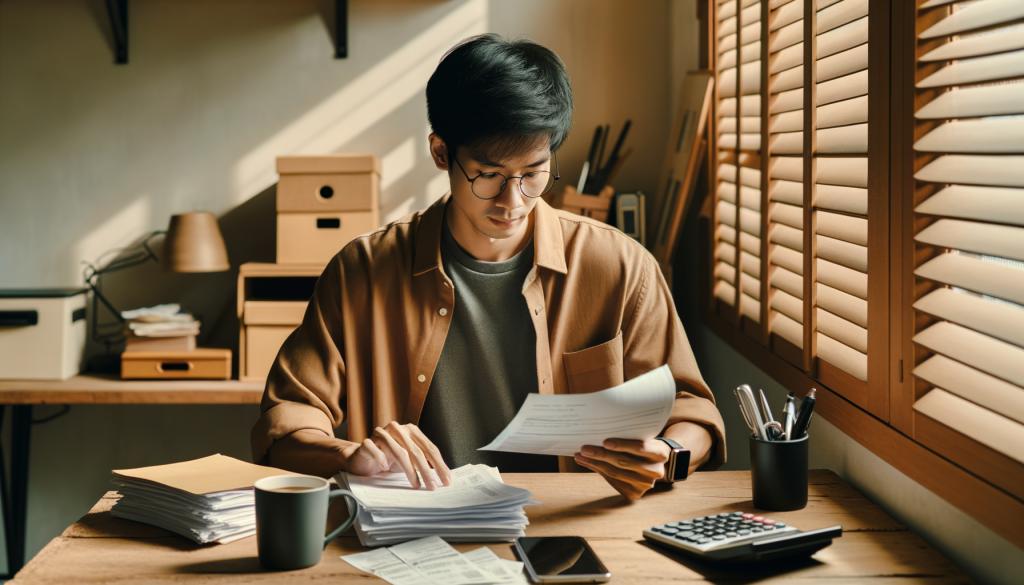 american person reviewing their papers and receipts