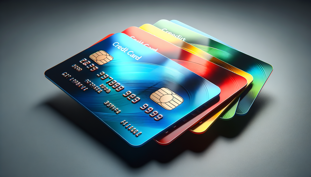 angled view of 4 colorful realistic and glossy looking credit cards