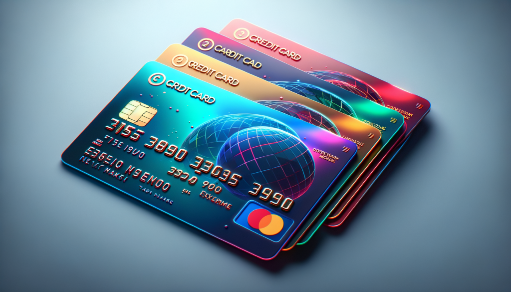 angled view of 4 colorful sofisticated, realistic and glossy looking credit cards