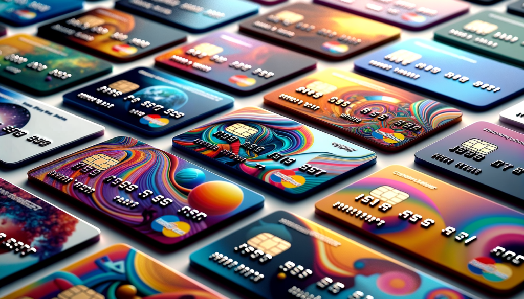 close up of a small selection of colorful glossy credit cards displayed on a solid white background