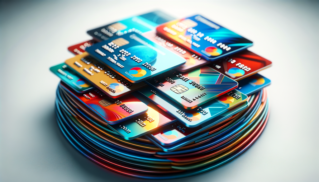 close up of a small selection of colorful glossy credit cards displayed on a solid white background