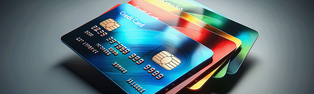 angled view of 4 colorful realistic and glossy looking credit cards