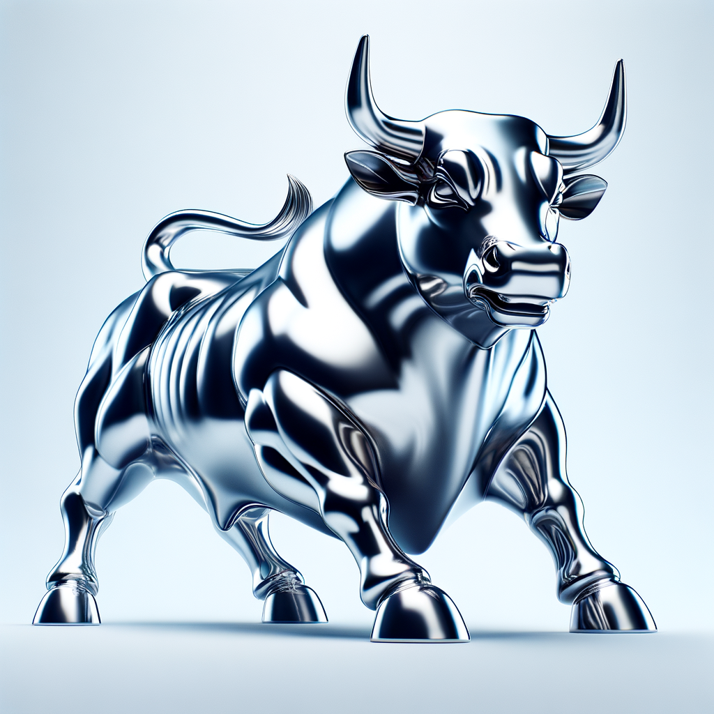 chrome wall street bull on its hind legs on a solid white background