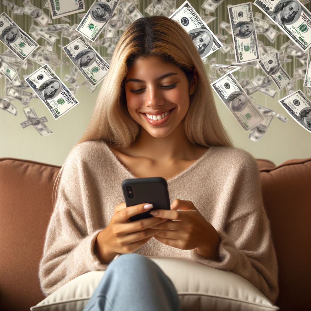 a african american woman in her mid 30's of age with braided hair sitting on her living room sofa with a pleasant expression while she scrolls on her mobile phone and 100 dollars are raining down from behind her. The mobile phone is radiating a bright green overglow onto the woman and her surroundings.