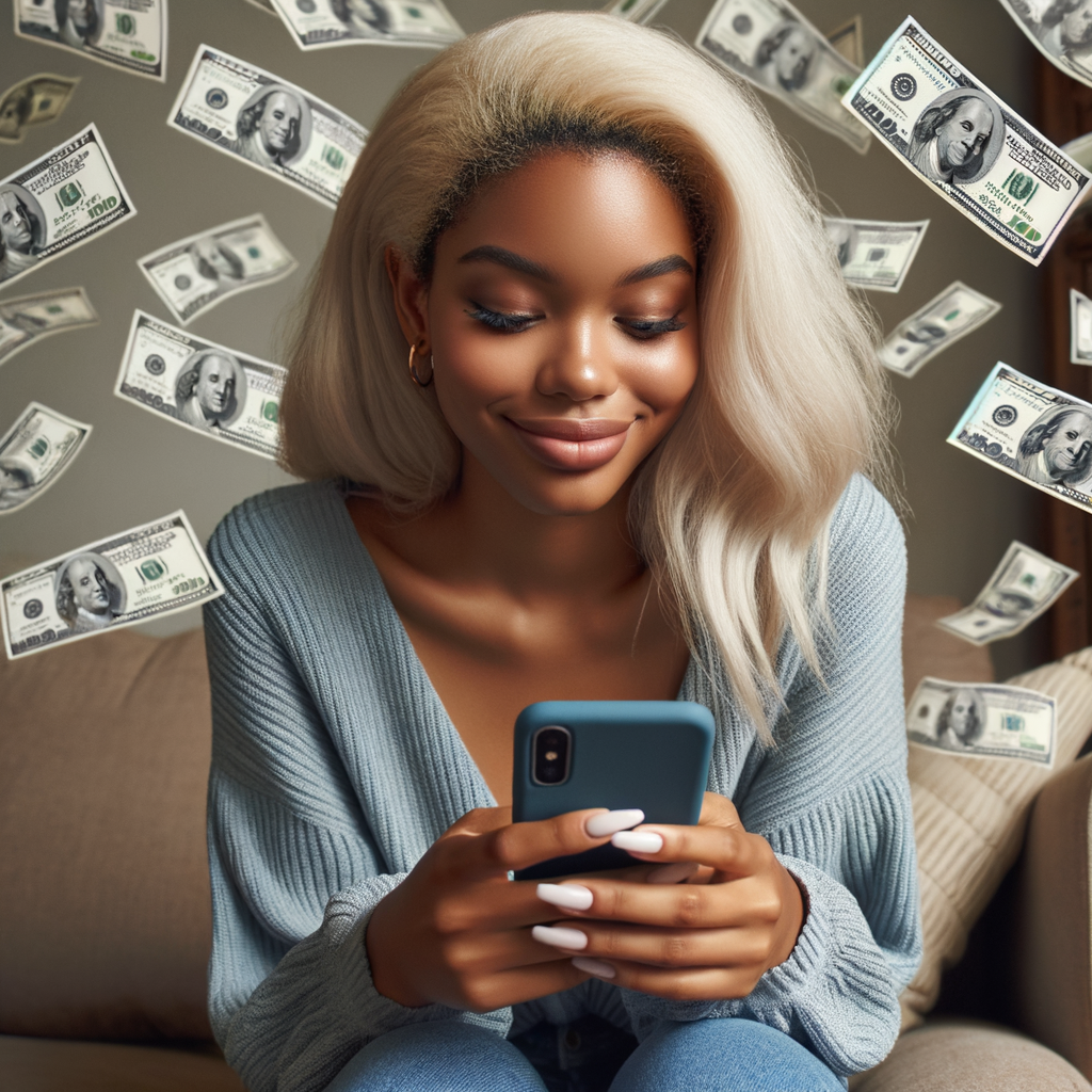 a african american woman in her mid 30's of age with braided hair sitting on her living room sofa with a pleasant expression while she scrolls on her mobile phone and 100 dollars are raining down from behind her. The mobile phone is radiating a bright green overglow onto the woman and her surroundings.