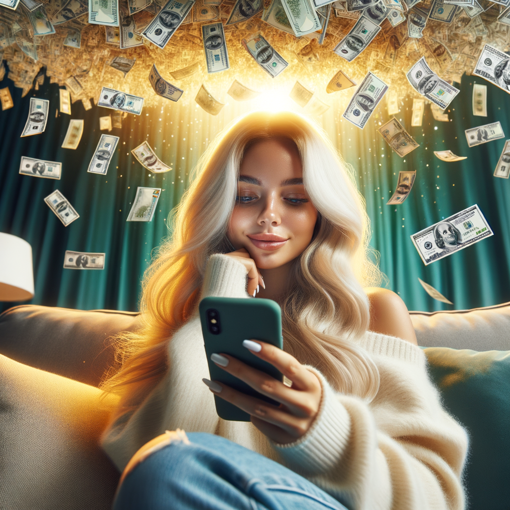 a african american woman in her mid 30's of age with braided hair sitting on her living room sofa with a pleasant expression while she scrolls on her mobile phone and 100 dollars are raining down from behind her. The mobile phone is radiating a bright green overglow onto the woman and her surroundings.