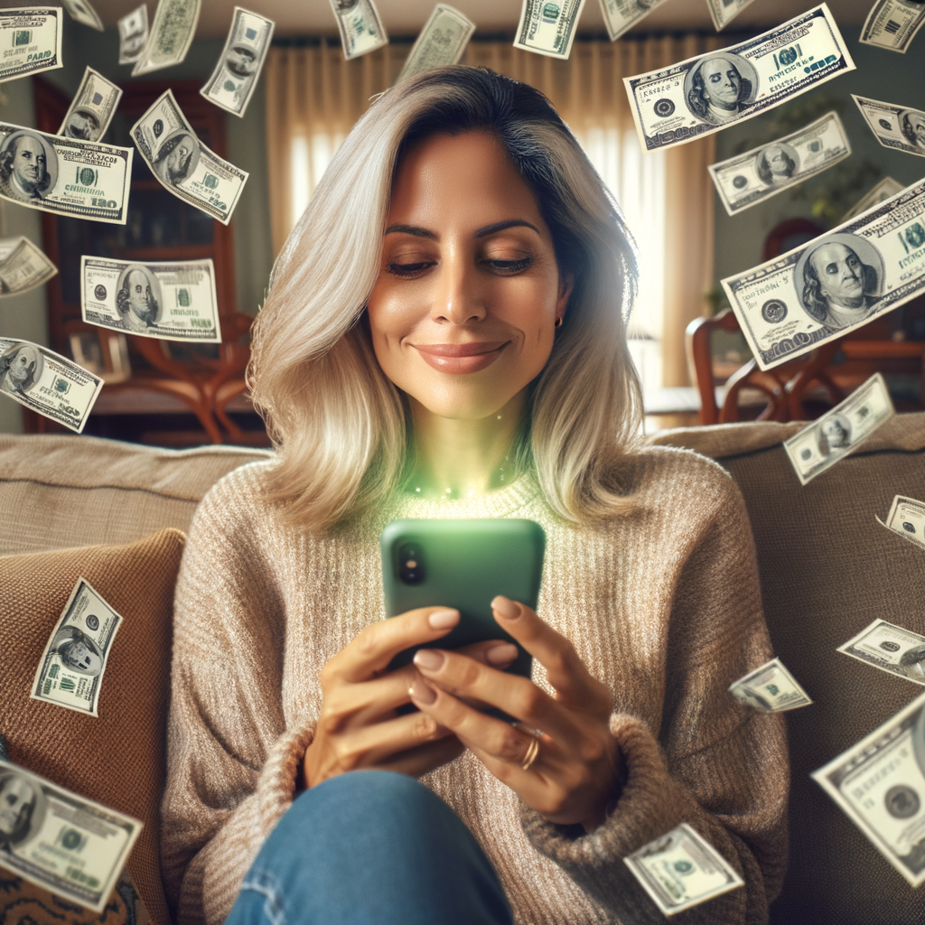 a african american woman in her mid 30's of age with braided hair sitting on her living room sofa with a pleasant expression while she scrolls on her mobile phone and 100 dollars are raining down from behind her. The mobile phone is radiating a bright green overglow onto the woman and her surroundings.