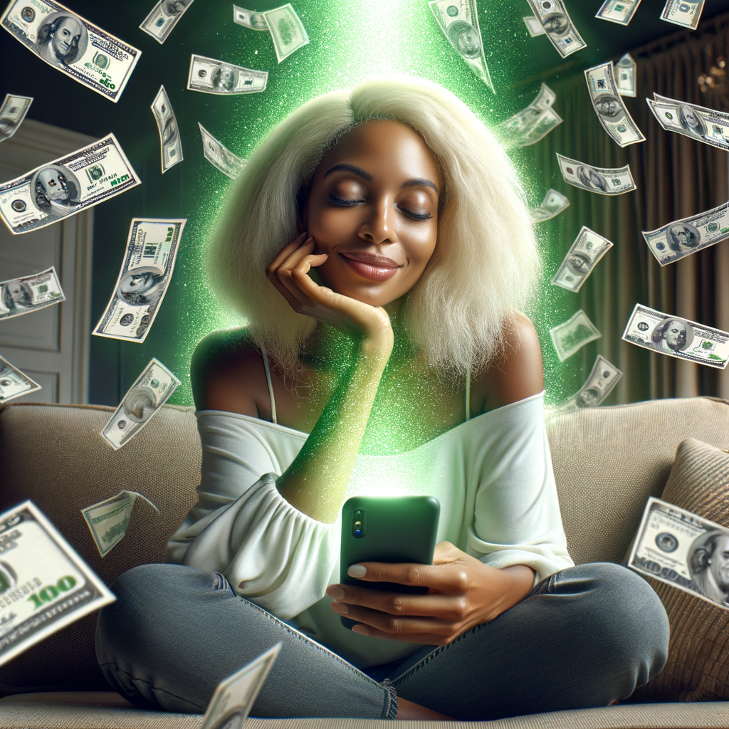 a african american woman in her mid 30's of age with braided hair sitting on her living room sofa with a pleasant expression while she scrolls on her mobile phone and 100 dollars are raining down from behind her. The mobile phone is radiating a bright green overglow onto the woman and her surroundings.