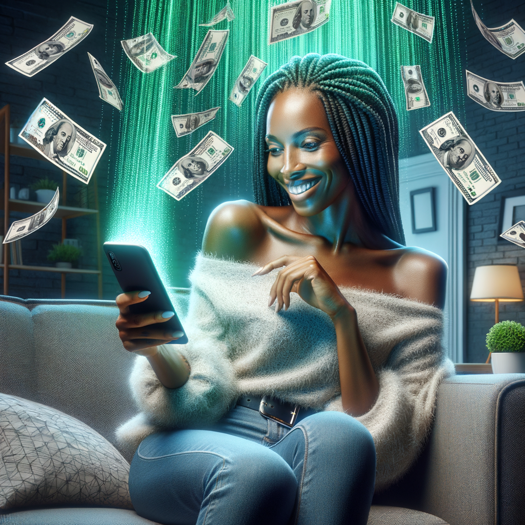 a african american woman in her mid 30's of age with braided hair sitting on her living room sofa with a pleasant expression while she scrolls on her mobile phone and 100 dollars are raining down from behind her. The mobile phone is radiating a bright green overglow onto the woman and her surroundings.