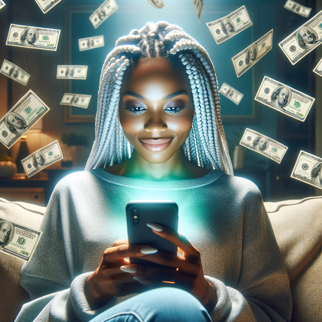 a african american woman in her mid 30's of age with braided hair sitting on her living room sofa with a pleasant expression while she scrolls on her mobile phone and 100 dollars are raining down from behind her. The mobile phone is radiating a bright green overglow onto the woman and her surroundings.