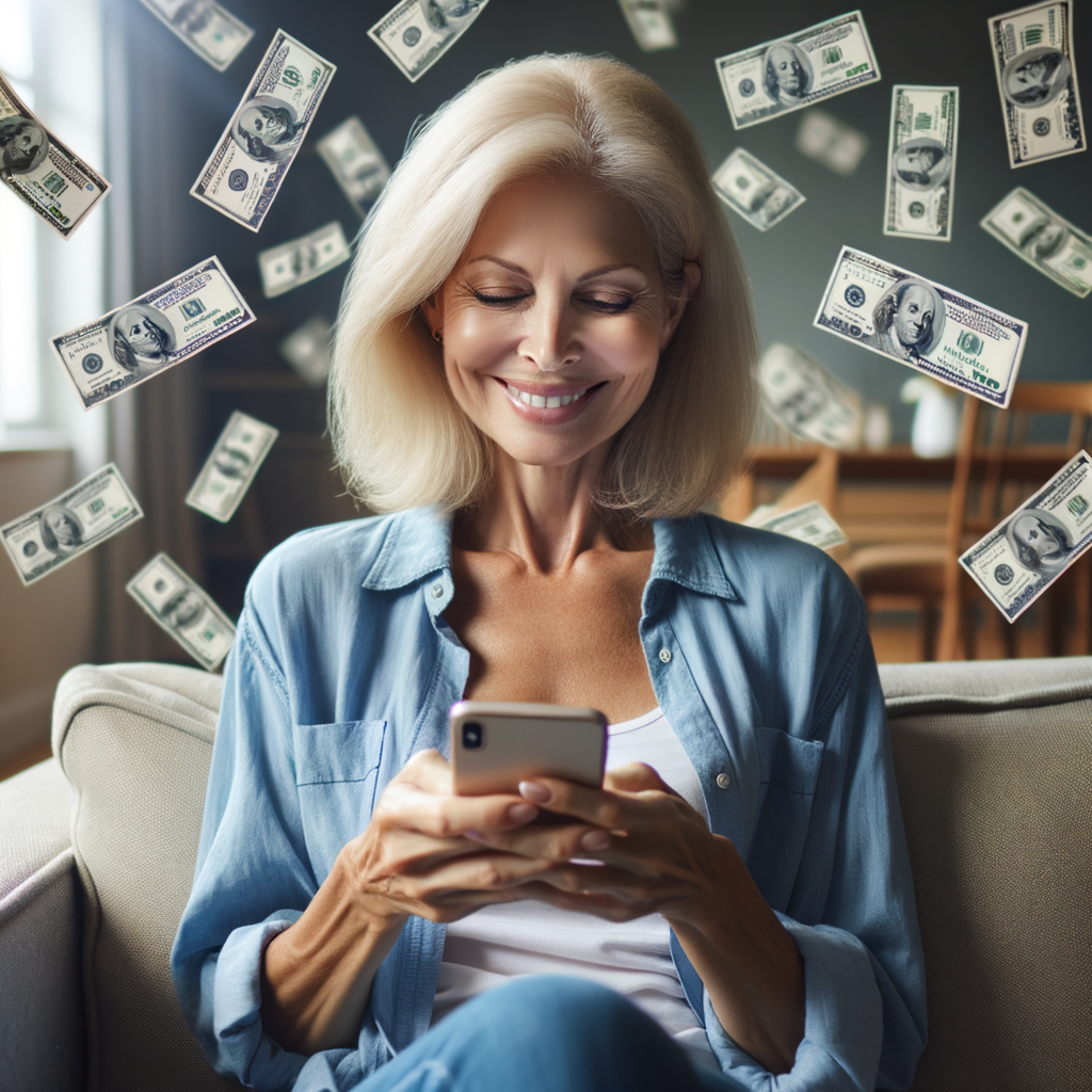 a african american woman in her mid 30's of age with braided hair sitting on her living room sofa with a pleasant expression while she scrolls on her mobile phone and 100 dollars are raining down from behind her. The mobile phone is radiating a bright green overglow onto the woman and her surroundings.