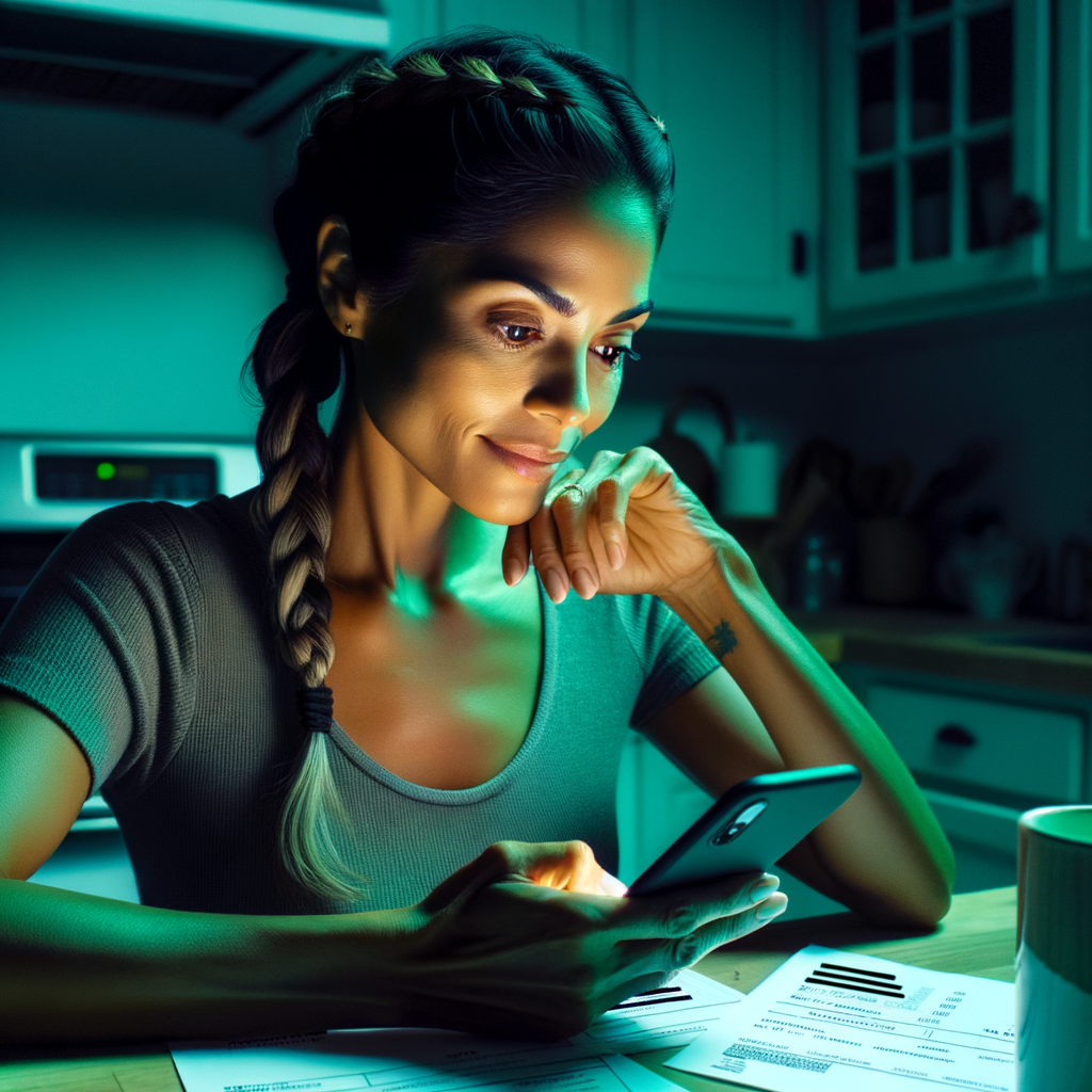 a blonde americn american woman in her mid 30's of age with loosely curls hair sitting at her kitchen table with a pleasant expression while she scrolls on her mobile phone. The mobile phone is radiating a bright green overglow onto the woman and her surroundings. On the kitchen a table are credit cards, bills and past due notices with correct spelled text.