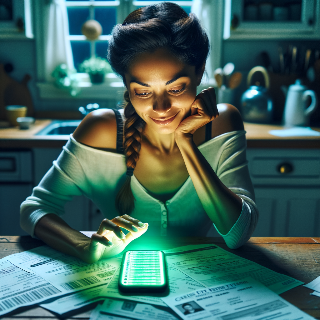 a blonde americn american woman in her mid 30's of age with loosely curls hair sitting at her kitchen table with a pleasant expression while she scrolls on her mobile phone. The mobile phone is radiating a bright green overglow onto the woman and her surroundings. On the kitchen a table are credit cards, bills and past due notices with correct spelled text.