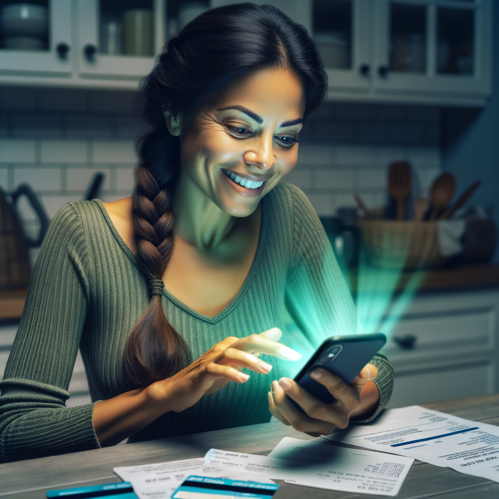 a blonde americn american woman in her mid 30's of age with loosely curls hair sitting at her kitchen table with a pleasant expression while she scrolls on her mobile phone. The mobile phone is radiating a bright green overglow onto the woman and her surroundings. On the kitchen a table are credit cards, bills and past due notices with correct spelled text.