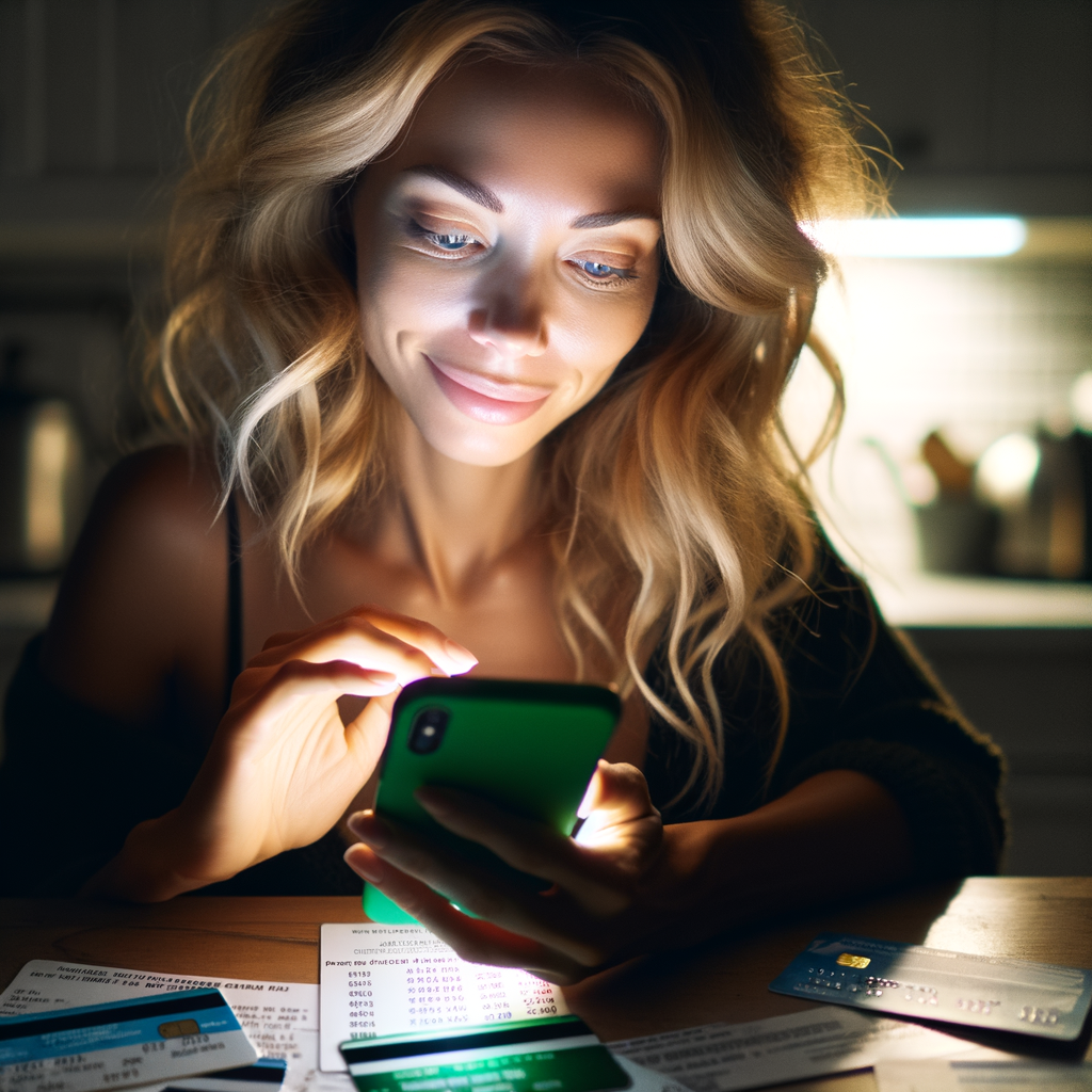 a blonde americn american woman in her mid 30's of age with loosely curls hair sitting at her kitchen table with a pleasant expression while she scrolls on her mobile phone. The mobile phone is radiating a bright green overglow onto the woman and her surroundings. On the kitchen a table are credit cards, bills and past due notices with correct spelled text.