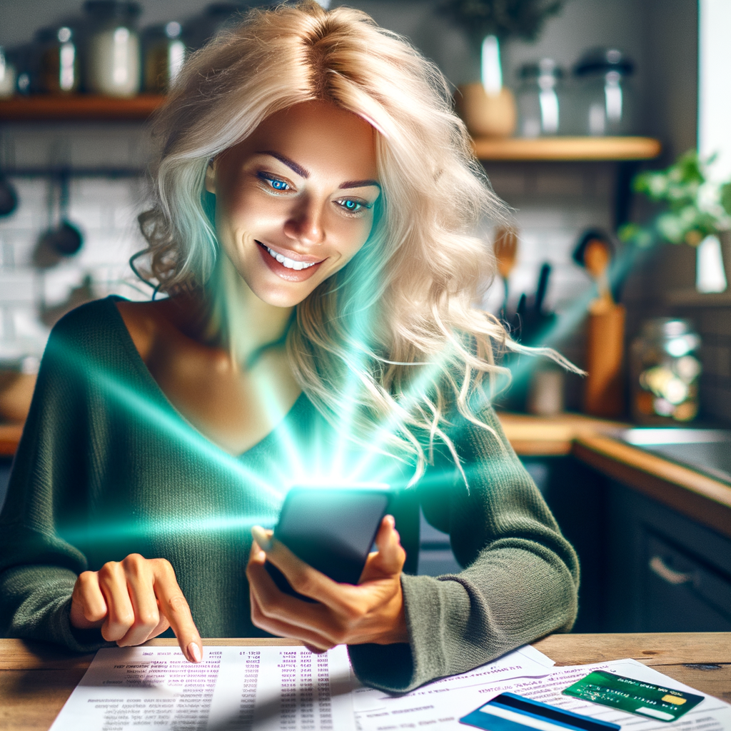 a blonde americn american woman in her mid 30's of age with loosely curls hair sitting at her kitchen table with a pleasant expression while she scrolls on her mobile phone. The mobile phone is radiating a bright green overglow onto the woman and her surroundings. On the kitchen a table are credit cards, bills and past due notices with correct spelled text.