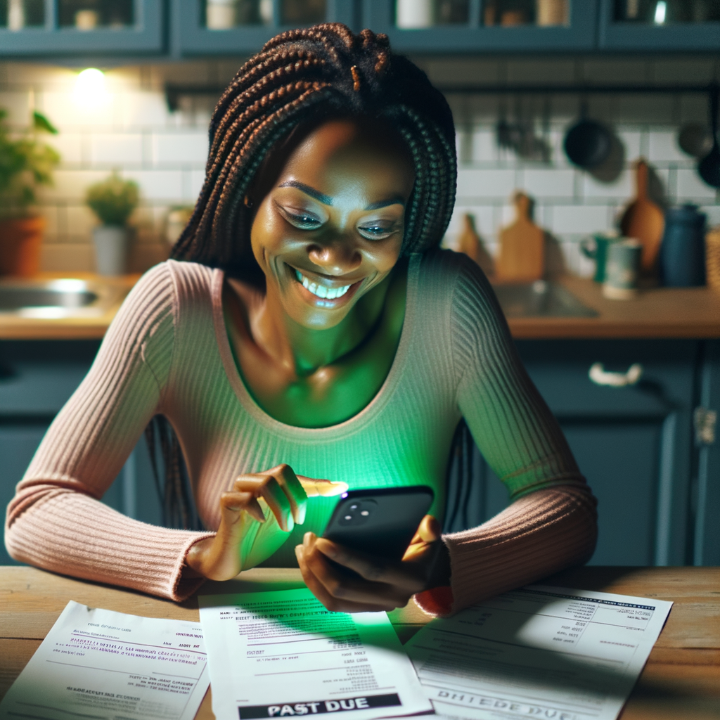 a blonde americn american woman in her mid 30's of age with loosely curls hair sitting at her kitchen table with a pleasant expression while she scrolls on her mobile phone. The mobile phone is radiating a bright green overglow onto the woman and her surroundings. On the kitchen a table are credit cards, bills and past due notices with correct spelled text.