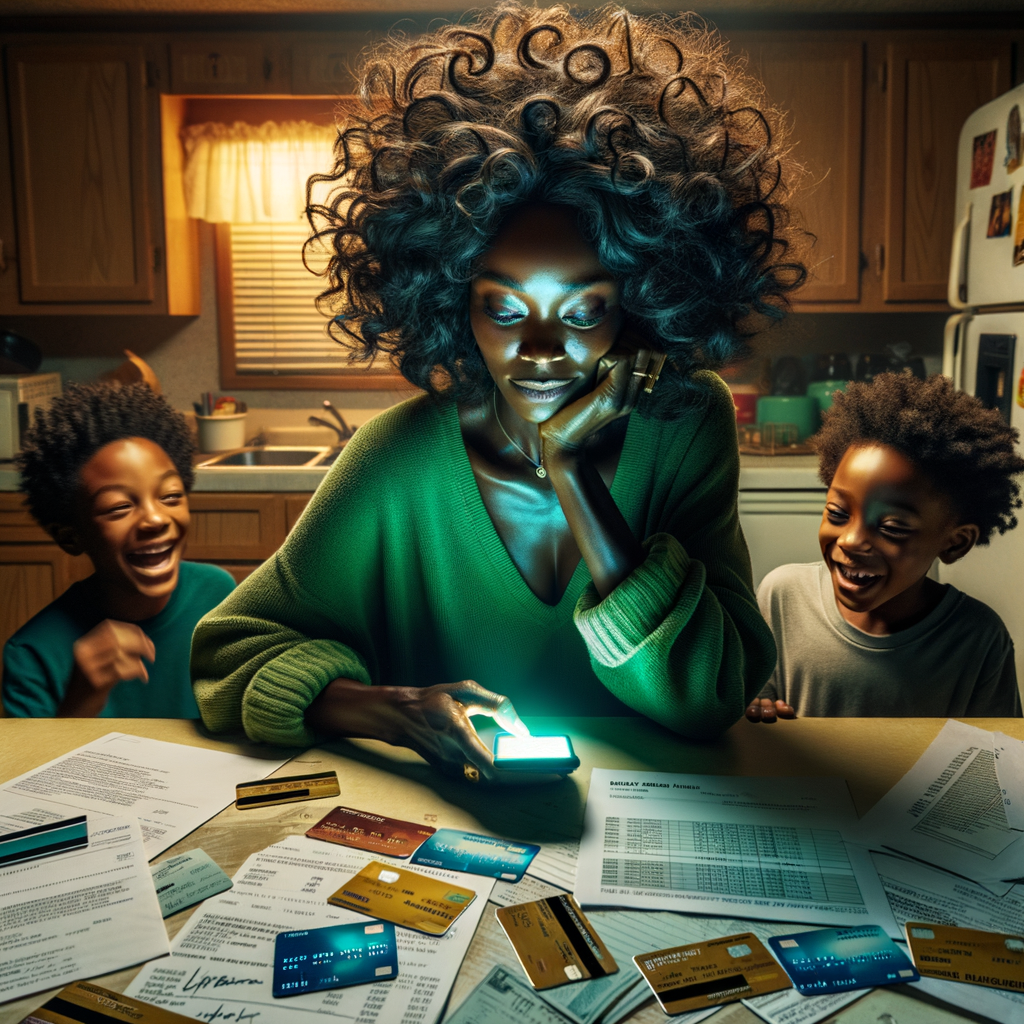 a mildy overweight african american woman in her mid 30's of age with messy tight curled hair sitting at her kitchen table with a pleasant expression while she scrolls on her mobile phone. The mobile phone is radiating a bright green overglow onto the woman and her surroundings. On the kitchen a table are credit cards, bills and past due notices with correct spelled text. Standing next to the woman are 2 small children looking at the mobile phone screen with happy expressions are their faces. The background kitchen is a trailer park kitchen and it is cluttered and dingy.