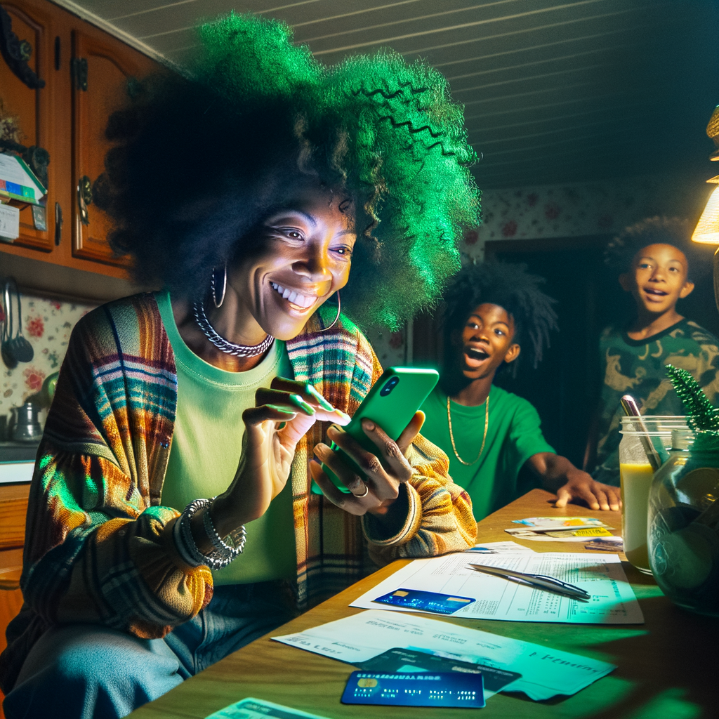 a mildy overweight african american woman in her mid 30's of age with messy tight curled hair sitting at her kitchen table with a happy pleasant expression while she scrolls on her mobile phone. The mobile phone is radiating a bright green overglow onto the woman and her surroundings. On the kitchen a table are credit cards, bills and past due notices with correct spelled text. Standing next to the woman are 2 teenage boys dressed in trendy sports and hip hop clothes looking at the mobile phone screen with happy expressions are their faces. The background kitchen is a trailer park kitchen and it is cluttered and dingy.