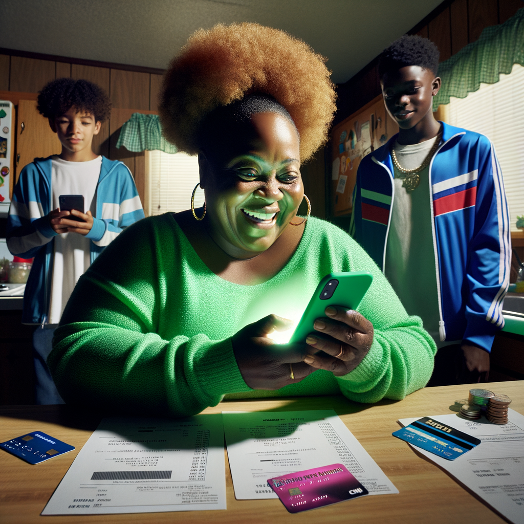 a mildy overweight african american woman in her mid 30's of age with tight curled hair sitting at her kitchen table with a happy pleasant expression while she scrolls on her mobile phone. The mobile phone is radiating a bright green overglow onto the woman and her surroundings. On the kitchen a table are credit cards, bills and past due notices with correct spelled text. Standing next to the woman are 2 teenage boys dressed in trendy sports and hip hop clothes looking at the mobile phone screen with happy expressions are their faces. The background kitchen is a trailer park kitchen and it is cluttered and dingy.