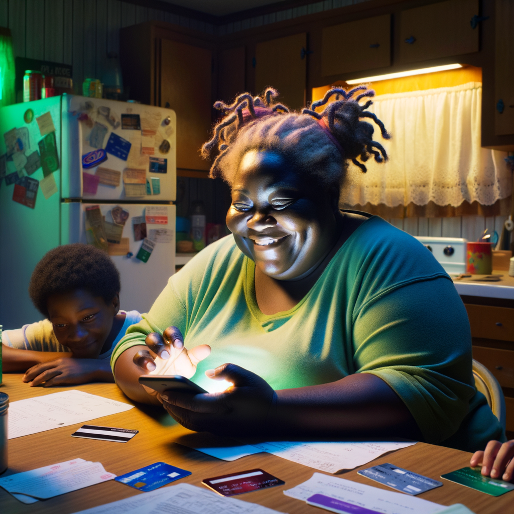 a mildy overweight african american woman in her mid 30's of age with messy corn row hair sitting at her kitchen table with a pleasant expression while she scrolls on her mobile phone. The mobile phone is radiating a bright green overglow onto the woman and her surroundings. On the kitchen a table are credit cards, bills and past due notices with correct spelled text. Standing next to the woman are 2 small children looking at the mobile phone screen with happy expressions are their faces. The background kitchen is a trailer park kitchen and it is cluttered and dingy.