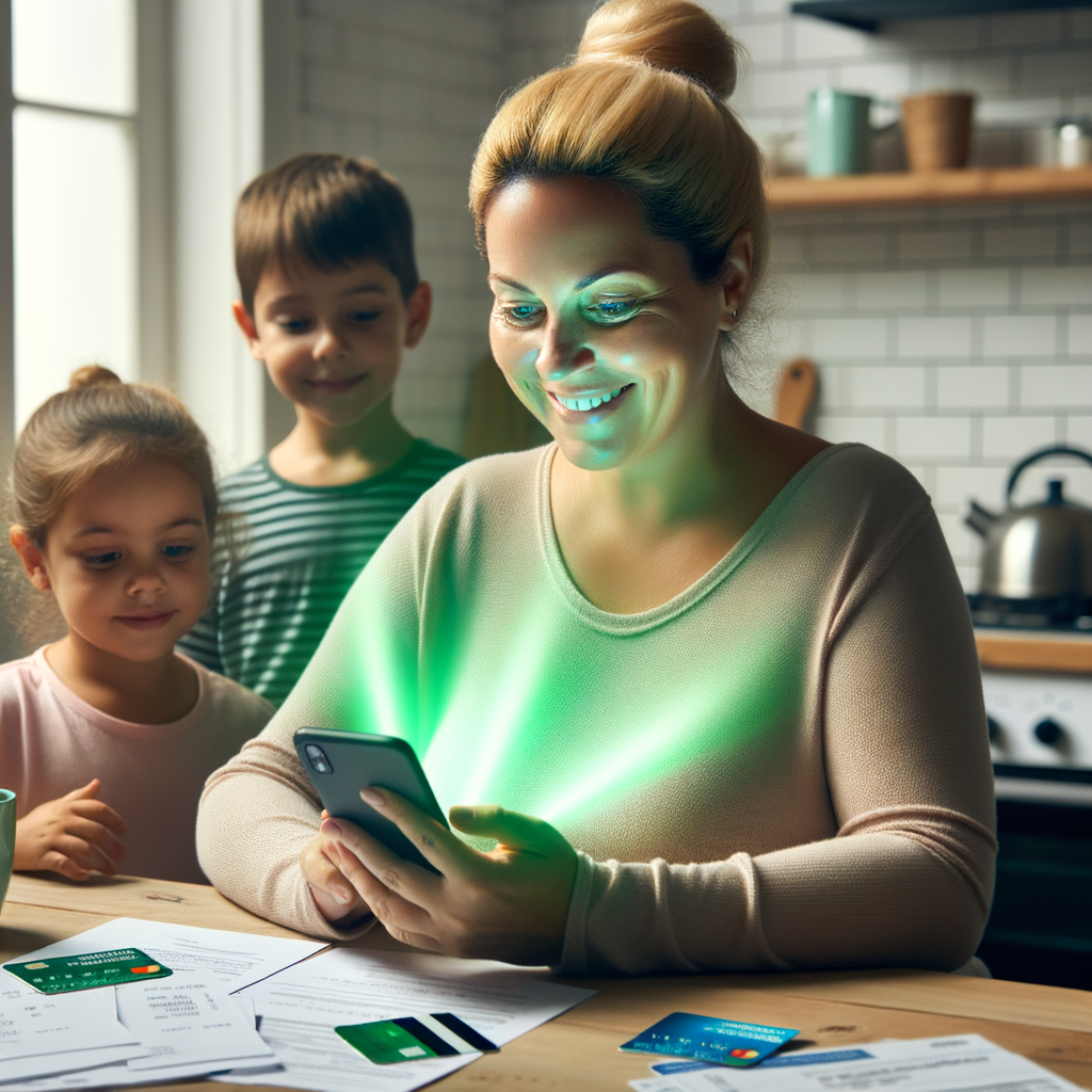 a mildy overweight blonde american woman in her mid 30's of age with messy hair in a bun sitting at her kitchen table with a pleasant expression while she scrolls on her mobile phone. The mobile phone is radiating a bright green overglow onto the woman and her surroundings. On the kitchen a table are credit cards, bills and past due notices with correct spelled text. Standing next to the woman are 2 small children looking at the mobile phone screen with happy expressions are their faces. The background kitchen is a trailer park kitchen and it is cluttered and dingy.