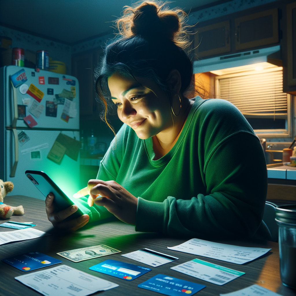 a mildy overweight latina american woman in her mid 30's of age with messy hair in a bun sitting at her kitchen table with a pleasant expression while she scrolls on her mobile phone. The mobile phone is radiating a bright green overglow onto the woman and her surroundings. On the kitchen a table are credit cards, bills and past due notices with correct spelled text. Standing next to the woman are 2 small children looking at the mobile phone screen with happy expressions are their faces. The background kitchen is a trailer park kitchen and it is cluttered and dingy.